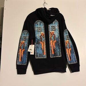 RGSTR BLACK NWT SZ M WESTERN COWBOY MOTIF FRONT BACK AND SLEEVES HOODIE, POUCH